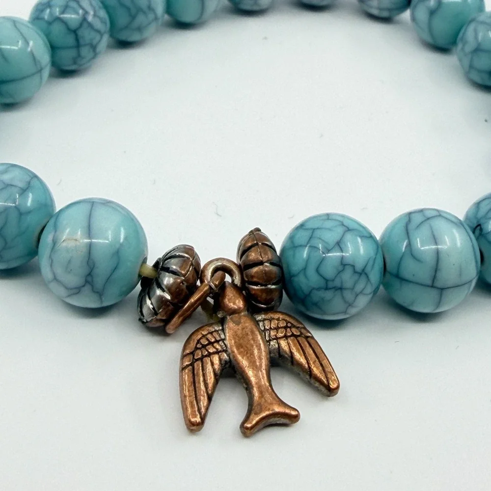 VTG Y2K Faux Turquoise Beaded Stretch Bracelet Copper Tone Bird Charm Boho Retro